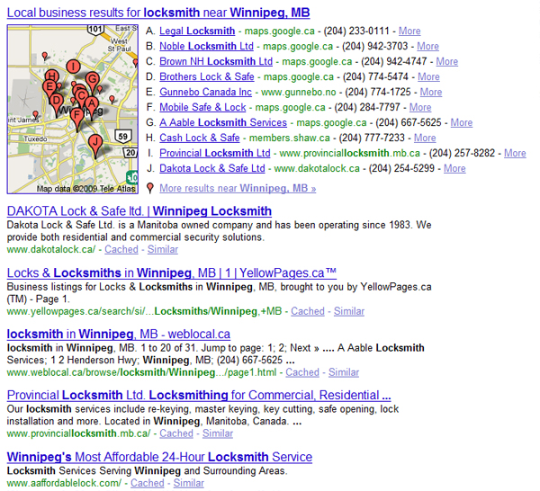 Google Search Results for locksmith winnipeg