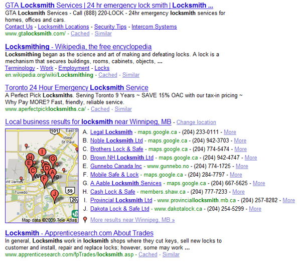 Google Search Results for locksmith